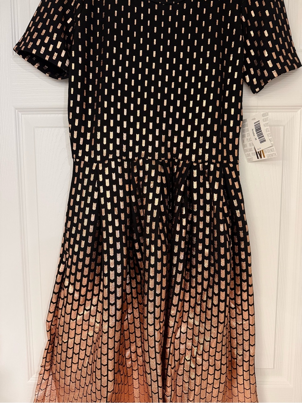 Lularoe Amelia - elegant Black Midi Dress with Rose Gold Metallic Pattern